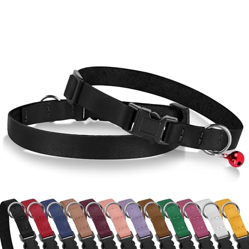 Breakaway Cat Collar with Bell - Leather Adjustable Kitten Collars with Safety Quick Release Buckle - Soft Small Pet Collars for Girl & Boy Cats - color: Black