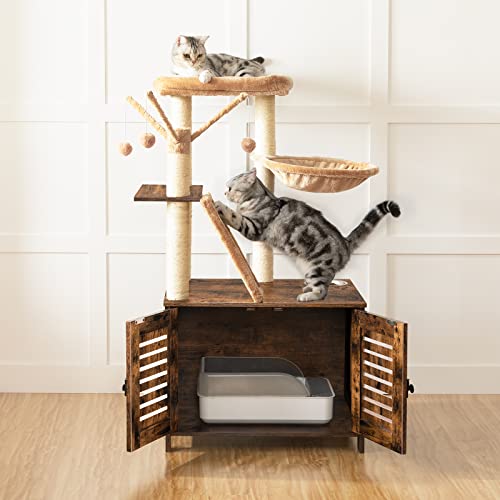 HOOBRO Cat Tree with Litter Box Enclosure, 44" Tall Wooden Cat Tower with Scratching Posts, Cat Hammock, Hidden Litter Box Furniture, All-in-One Indoor Cat Condo, Rustic Brown FG48MZ03 - color: Rustic Brown