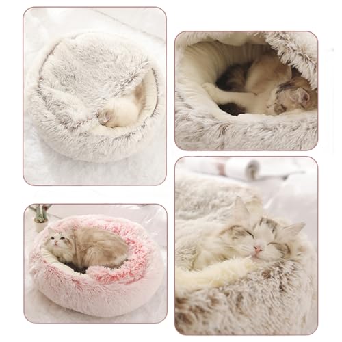 Calming Cat Cave Bed with Hooded Cover, Short-Haired Plush Washable Bed with Non-Slip Bottom, Comfortable and Cozy Round Bed for Small and Medium Cats, Anti-Anxiety Pet Bed(40cm/15.7inches, Gray)