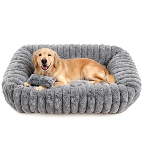 Dog Beds Large Sized Dog, Washable Self Warming Dog Cat Bed Rectangle Orthopedic Large Pet Sofa, Super Soft Plush Rabbit Fur Pet Couch Cute Cat Bed with Removable Zipper Cover & Anti-Slip Bottom - size: 36*28*8 inches