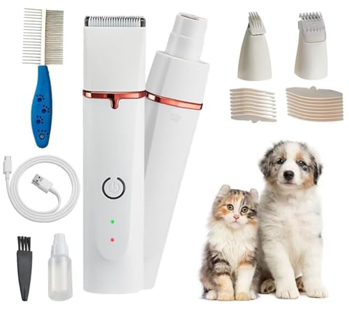 Dog Grooming Clippers Kit,Electric Rechargeable Cat Trimmer Tools,4 in 1 Multifunctional Low Noise Pet Shaver,Nail Grinder Haircutting System,Razor for Body Feet Paw Face Ears Nails Eyes,Hair Trimmer