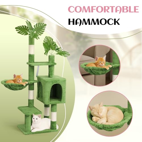 Outvita Cat Tree 48in Monstera Cat Tower with Leaves, Multi-Level Cat Tree Tower with Condo, Cozy Plush Hammock, Dangling Toy, Sisal Scratching Posts, Large Pet Activity Center for Indoor Cats, Green - size: 48" Green