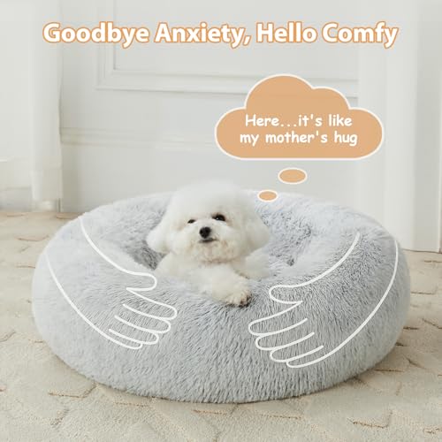 WNPETHOME Calming Dog Bed Cat Bed Donut, Faux Fur Pet Bed Self-Warming Donut Cuddler, Comfortable Round Plush Dog Beds(20 x 20 x 8 Inch, Light Grey) - color: light grey, size: 20"L x 20"W x 8"Th
