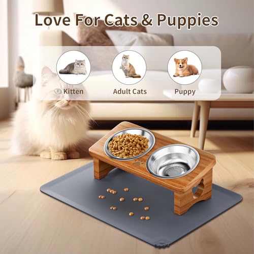 Elevated Cat Bowls with Silicone Mat, 15° Tilted Solid Wood Stand, Raised Stainless Steel Food & Water Dishes for Cats and Small Dogs, Anti-Vomiting Design(Teak) - color: Teak