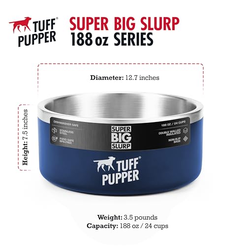 Tuff Pupper Heavy Duty Insulated Dog Bowl | Double Wall Stainless Steel Dog Food Dish | Non-Slip Spill Proof Dishwasher Safe Cat Bowl | Water Dish for Feeding Large Medium Small Pets (188oz, Blue) - color: Midnight Blue, size: 188oz