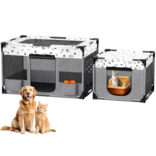 Portable Cat Playpen, Pet Dog Playpen, Kitten Puppy Play Pen for Indoor/Outdoor, Collapsible Cats Cages Enclosed Tent with Carrying Case, PVC Pipe Frame, 600D Oxford, 39" x 24" x 22"