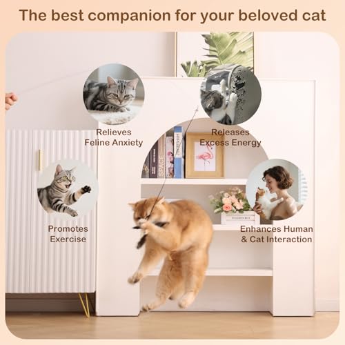 Retractable Cat Wand Toy with Spinning Natural Feather – Interactive Cat Teaser Wand for Indoor Cats, Adjustable Lightweight Cat Toy Wand with Safe Top Clasp - String Version - color: String Version