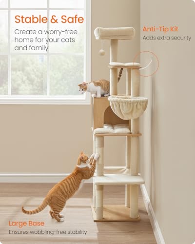 Feandrea Cat Tree, 65-Inch Tall Cat Tower, Multi-Level Condo with Cave, Basket, Hammock, Pompom, Scratching Posts, Almond Yellow UPCT118Y01 - color: Almond Yellow
