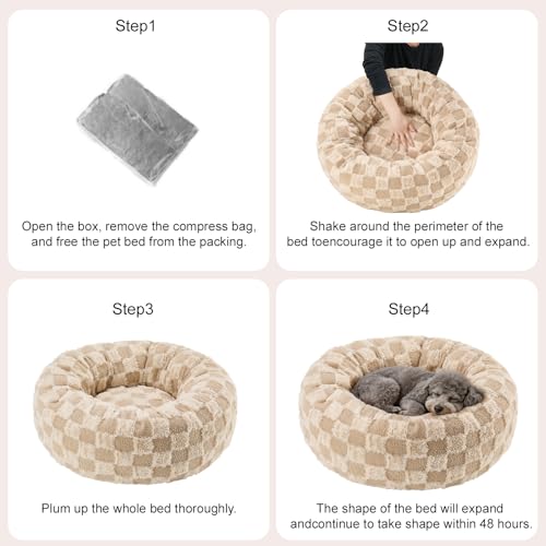 Dog Calming Beds for Small Medium Large Dogs - Round Donut Washable Puppy Dog Bed, Anti-Slip Faux Fur Fluffy Donut Cuddle Anxiety Cat Pet Bed (28" Grid) - color: Grid, size: 28"L x 28"W x 8"Th
