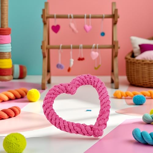 Jinshining Pink Cute Dog/Cat Chew Toys, Dog Toys for Chewers, Heavy Duty Dental Rope Toy for Dogs, Creative Love Heart Shaped Interactive Rope Dog Toys, Cotton Puppy Teething Chew Tug Toy Dark