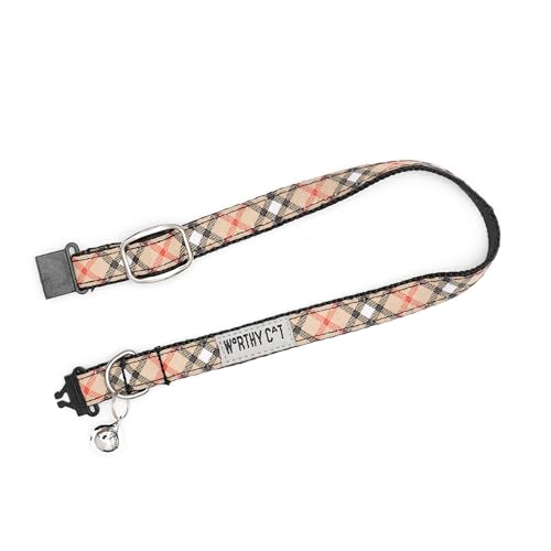 THE WORTHY DOG Patterned Bias Plaid Cat Collar with Bell, Adjustable Nylon Safety Collar, Tan, One Size - color: Tan-Bias Plaid