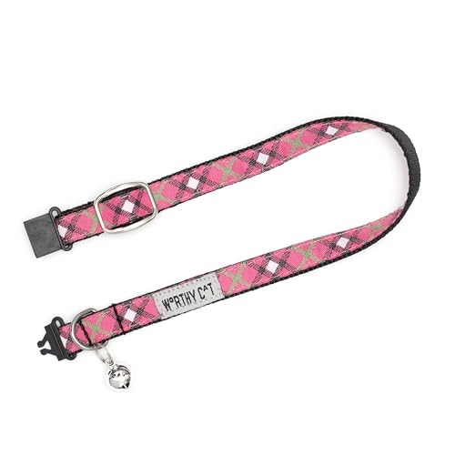 THE WORTHY DOG Patterned Bias Plaid Cat Collar with Bell, Adjustable Nylon Safety Collar, Hot Pink, One Size - color: Hot Pink-Bias Plaid