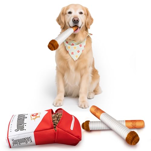 Homrich Cigarette Dog Toy Large, Funny Interactive Plush Dog Cigarette Toys, 3 Packs Giggle Puff Stick Toys with a Box, Pet Squeak Toys for Medium, Small and Large Cool Stuffed for Dogs Birthday - color: Red