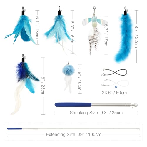 Cat Feather Toys Wand - 7 Pcs Interactive Cat Toys for Indoor Cat Kitten, Retractable Cat Wand Toy with 6 Feather Teaser Refills with Bell, Cat Fishing Pole Toy, Blue - color: Blue
