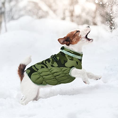 Lelepet Dog Coat Warm Dog Winter Coat Waterproof Dogs Jacket with Harness Built in Reflective Pet Fleece Vest Zip-Up Cold Weather Coats for Dogs Turtleneck & Windproof Coats Chihuahua Green Camo XS - color: Camo, size: X-Small