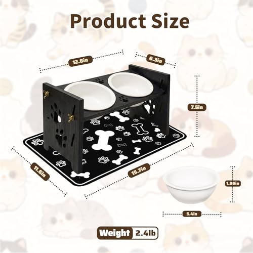 2026 New Elevated Cat Bowls with Food Mat, Adjustable Height & Angle Raised Cat & Dog Bowls Stand for Food and Water, Cat or Small Dog Feeding Station, 2 Ceramic Bowls for Cats and Puppy(Black Wood) - color: black