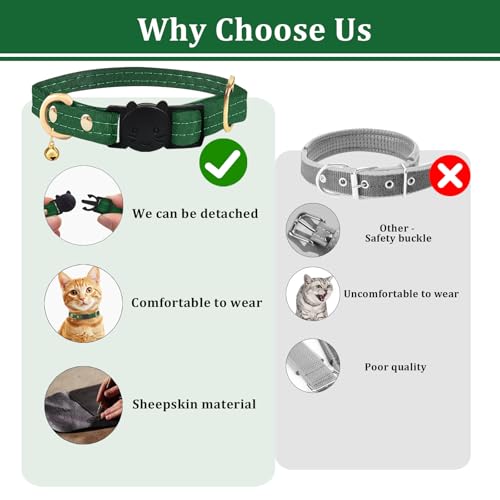 Cat Collar Breakaway with D-Ring and Safety Buckle, Adjustable, Soft Sheep Leather and Lightweight for Kittens and Small Pets(Neck Fit 7.5"-11", Green) - color: Green(7.5" - 11")