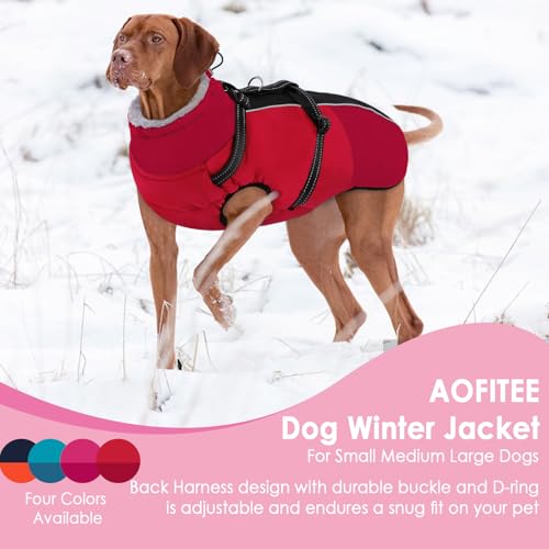 AOFITEE Dog Coat, Warm Dog Jacket with Harness Built-in, Waterproof Medium Dogs Cold Weather Coat with Zipper, Reflective Fleece Lined Pet Snow Jackets for Pug, Jack Russell, Boston Terrier, Red M - color: Red, size: Medium