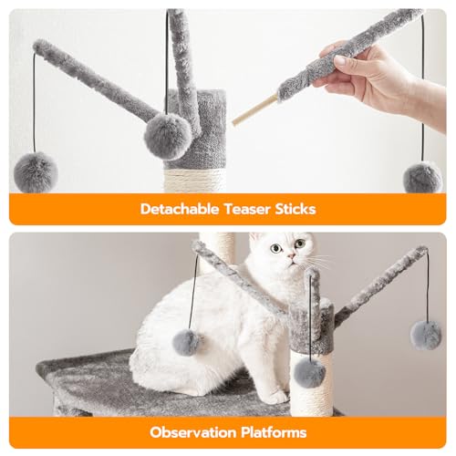 HOOBRO Cat Tree with Litter Box Enclosure, 27.6" L x 18.9" W x 52" H, All-in-One Wooden Cat Tower, Cat Furniture for Indoor Cats, Cat Condo with Hammock, Detachable Teaser Sticks, Greige BG14MZ03 - color: Greige