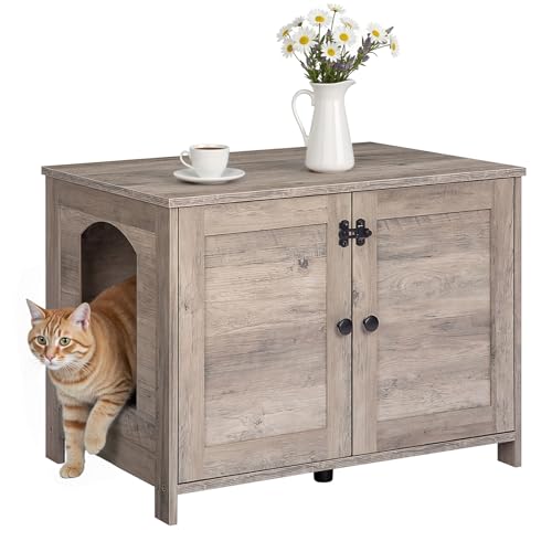 HOOBRO Litter Box Enclosure, Cat Litter Box Furniture with Removable Divider, Large Hidden Litter Box Furniture, Wooden Cat House, End Side Table, 31" L x 17.5" W x 19.7" H, Greige BG03MW01G2 - color: Greige