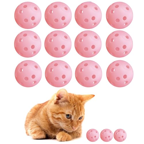 12Pcs Cat Ball Toy, Low Noise No Bells Holey Plastic Cat Balls, Funny Interactive Cats Toys for Indoor Cats, Firm Toy Balls for Kitten Puppy Ferret Bird (1.65", Pink) - color: Pink, 12/Pack