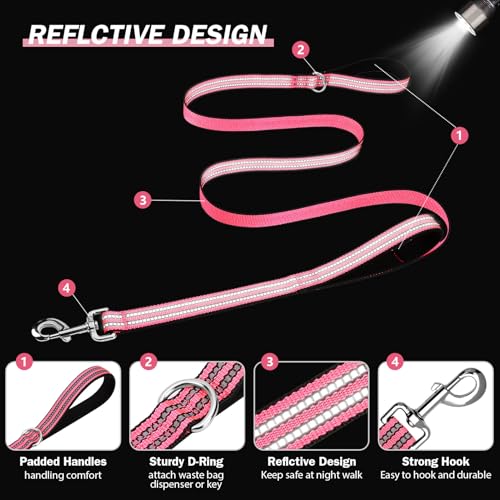 Hikiko 6 Foot Dog Leash with Two Handles Heavy Duty Double Handle Traffic Dog Leash Reflective Training Lead, Hot Pink - color: Hot Pink, size: 1 in x 6 ft