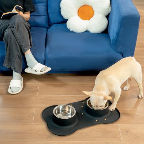 Conlun Medium Pet Feeding Station, 29oz Stainless Steel Dog Bowls Set, No Spill Food & Water Dishes with Non Slip Silicone Mat for Breeds Up to 55 Lbs,Black - color: Black, size: Medium-29oz
