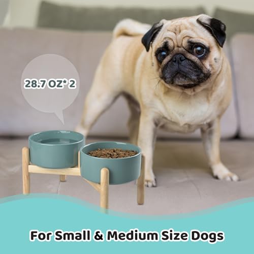 SPUNKYJUNKY Ceramics Raised Dog Bowls with Wooden Stand - Elevated Dog Feeding Set (Double 28.7OZ, Dark Green) - color: Dark Green (Double Bowls Set), size: Medium - 3.6 CUPS