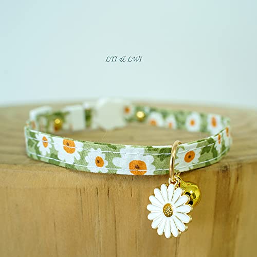 2 Pack Cotton Breakaway Cat Collars with Bell Daisy Pendant Kitty Kitten Collars Green Orange Collar for Female Girl Cats Male Boy Cats - color: Green&Orange