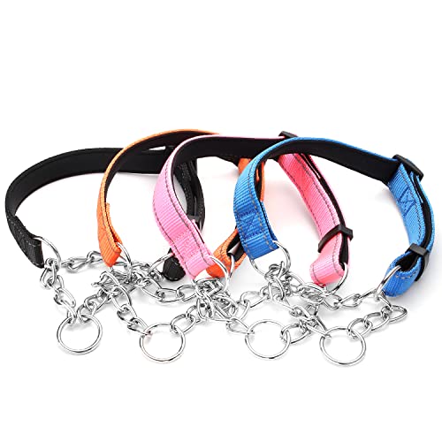 Martingale Dog Collars Adjustable Soft Nylon Reflective Collars with Stainless Steel Chain Walking Training Collars Heavy-Duty Puppy Chain Collars for Small,Medium,Large Dogs(Blue,L) - color: Blue, size: L-(dog's neck19-23inches)