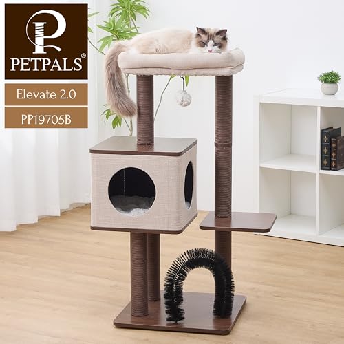 Petpals 4 Level 43" Minimalist Design Cat Tree with Wood Condo,Replaceable Paper Rope Scratching Posts,Full Body Bruch,Removeable and Washabel Bed (Brown and Beige) - color: Brown and Beige