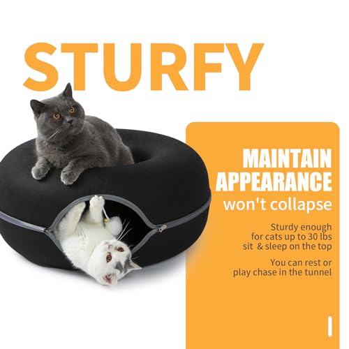 Peekaboo Cat Tunnel for Large Cats up to 30 lbs, Features A Jingle Ball, Removable and Washable Tunnel Bed, and a Cozy Donut Tunnel (Black, 24 Inches) - color: Black