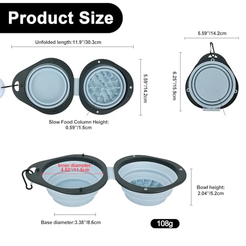 Blue Collapsible Dog Bowls with Carabiner 2-in-1 Foldable Slow Food Bowl(130g)&Water Bowl(320ml) for Dogs and Cats Travel - color: Blue