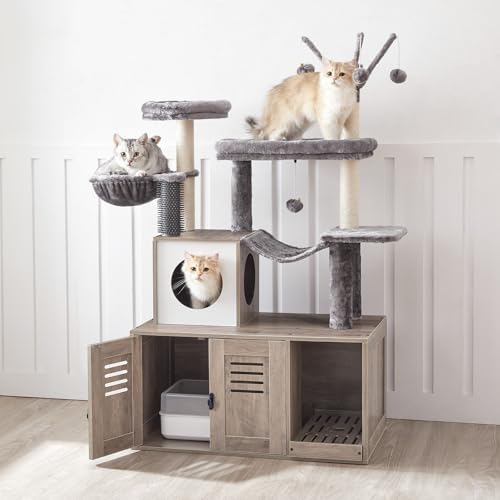HOOBRO Large Hidden Litter Box, Cat Tree with 30.7'' Long Litter Box Enclosure, Modern Cat Tower, Cat Condos with Scratching Posts, Rubbing Post, Hammock and Teaser Sticks, Greige BG28MZ03G1
