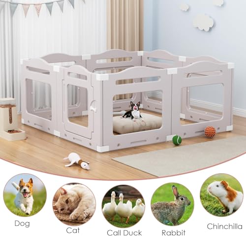 Acrylic Dog Playpen Indoor, Puppy Cat Small Pet Play Pen, 50.8" L x 50.8" W x 23.6" H Clear PlayPen for Cat Rabbit Ferret, Dog Fence Crate Whelping Cage (Apricot Gray, 8 Panel) - color: Gray