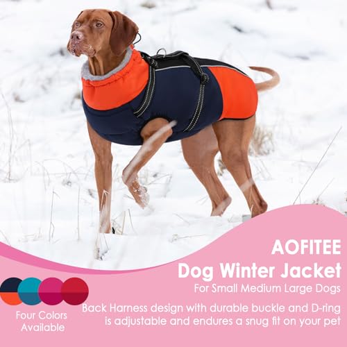 AOFITEE Dog Coat, Warm Dog Jacket with Harness Built-in, Waterproof Medium Dogs Cold Weather Coat with Zipper, Reflective Fleece Lined Pet Snow Jackets for Pug, Jack Russell, Boston Terrier, Blue M - color: Blue, size: Medium
