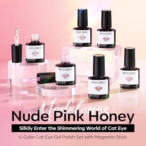 modelones Cat Eye Gel Nail Polish, 6 Colors Nude Gel Polish Pink Glitter Brown with Magnet Sparkle Galaxy Series Nail Polish Kit Soak Off Led Nail Art Manicure Salon DIY Gifts - color: A-0 Nude Pink Honey