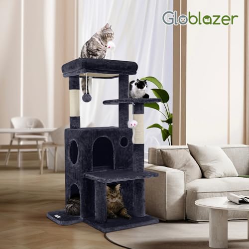 Globlazer Cat Tree Tower for Indoor Cats, 50-inch Adult Cat Tree House for Large Adult Cats with Steps, Scratching Post, 2 Cat Caves, Dangling Toys, FC50, Dark Grey - color: Dark Grey