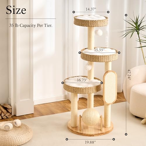 797Audio Wood Modern Cat Tree for Large Cat, 47" Tall Cat Tower with Scratching Posts, Cat Beds, Aesthetic Multi-Level Cat Climbing Tree with Hand-Woven Bed for Adult Indoor Cats - color: 47 Inch-Woven