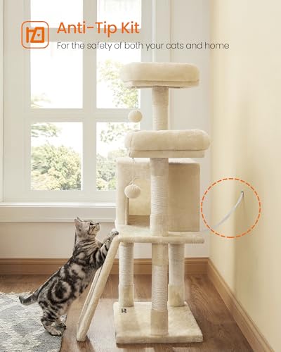 Feandrea Cat Tree, 45.3-Inch Cat Tower, Plush Condo with Scratching Post, Ramp, Perch, Spacious Cave, for Small Space, Beige UPCT141M01 - color: Beige