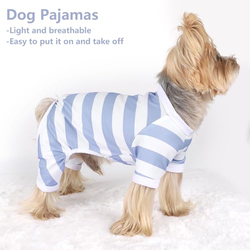Dog Pajamas Pjs Stretchable Strip Dog Jumpsuit 4 Legs Pjs for Summer Dog Clothes Puppy Onesies Doggie Outfit (Light Blue, X-Small (Chest 11in)) - color: Light Blue, size: X-Small (Chest 11in )
