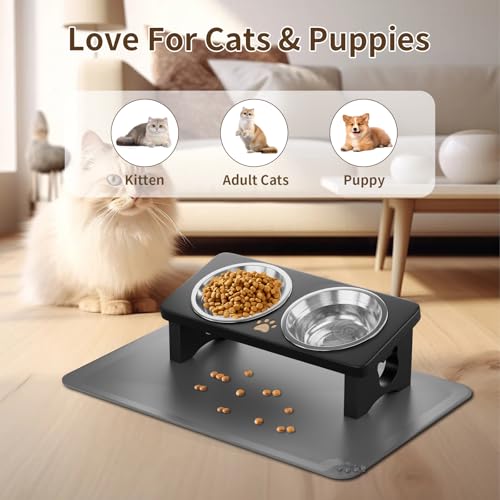 Elevated Cat Bowls with Silicone Mat, 15° Tilted Solid Wood Stand, Raised Stainless Steel Food & Water Dishes for Cats and Small Dogs, Anti-Vomiting Design(Black) - color: Black