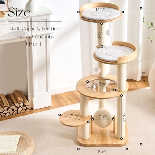 797Audio Modern Solid Wood Cat Tree Tower, 49" Tall Cat Tree with Sisal Scratching Posts for Adult Cats, Luxury Natural Oak Wooden Cat Tower,Aesthetic Multi-Level Cat Climbing Tree for Indoor Cat - color: 49 Inch-Scratch Ball