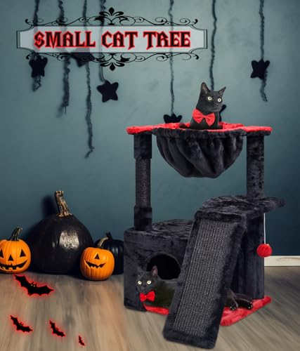 SYANDLVY Gothic Cat Tree for Indoor Cats Large Adult, Modern Activity Tower with Scratching Posts & Board, Condo with Plush Perch, Cradle & Hanging Ball & Spider for Play, Black - color: Black