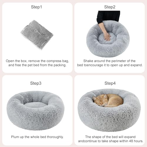 Dog Calming Beds for Small Medium Dogs - Round Donut Washable Dog Bed, Anti-Slip Faux Fur Fluffy Donut Cuddler Anxiety Cat Bed(Light Grey 28") - color: Light Gray, size: 28"L x 28"W x 8"Th