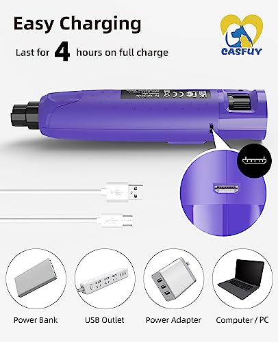 Casfuy Dog Nail Grinder Quiet - (45db) 6-Speed Pet Nail Grinder with 2 LED Lights for Large Medium Small Puppy Dogs/Cats, Professional 3 Ports Rechargeable Electric Dog Nail Trimmer with Dust Cap - color: Purple