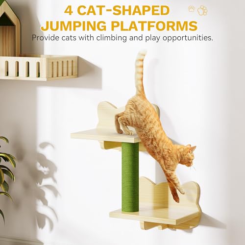 YITAHOME Cat Wall Shelves, Solid Wood Wall Mounted Cat Furniture with Green Wall House and Fence, Steps, Scratching Posts - size: 8 pieces