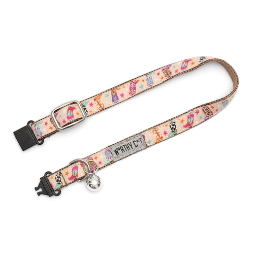 THE WORTHY DOG Wild Wild West Cat Collar with Bell, Adjustable Nylon Safety Collar, Beige, One Size - color: Beige-wild Wild West