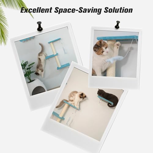 5 Pcs Wall-Mounted Climber Set, Wood Indoor with Shelves and Perches, Ladder, Condo House, Scratching Board and Tree, Wall Shelves Furniture for Cats (Ocean Blue) - color: Ocean Blue