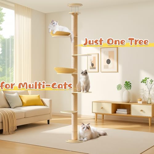 Solid Real Wood Floor to Ceiling Cat Tree, 6 Level Adjustable Height (89"-105"), Modern Climbing Tower with Thickened Wooden Sisal Scratching Posts & Cozy Bed for Indoor Cats Large Adult - size: 6 Level | 89-105 in